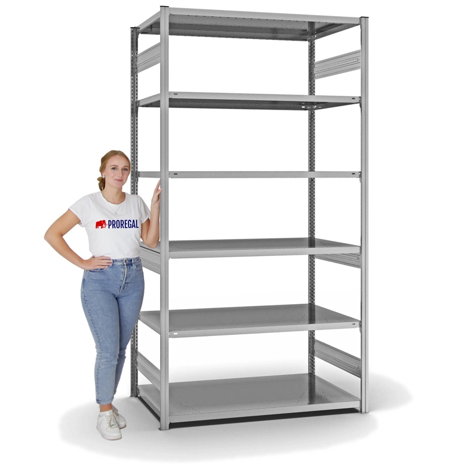 Verzinktes PROREGAL Fachbodenregal mit 6 Ebenen, beidseitig nutzbar, Traglast 240kg pro Ebene.