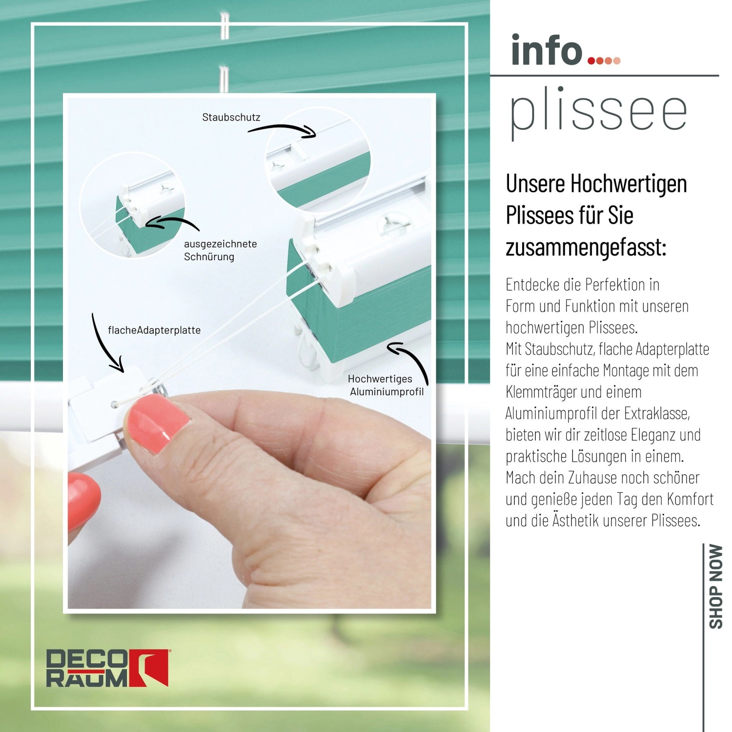 Türkisfarbenes Deco-Raum Plissee Basic 95x210cm ohne Bohren mit Klemmfix-System.