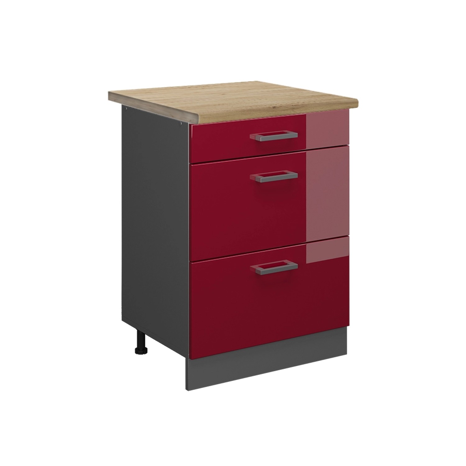 Vicco Küchenunterschrank R-Line Bordeaux Hochglanz/Anthrazit 60 cm mit Schubladen AP Eiche