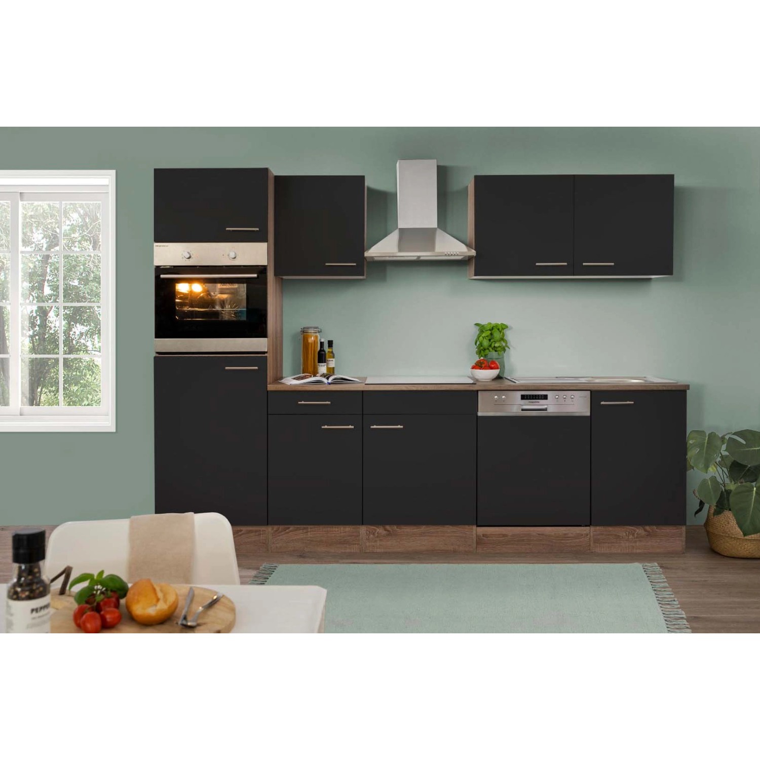 Respekta Küchenzeile 280 cm, schwarz seidenglänzend mit Eiche York Dekor, ohne E-Geräte.