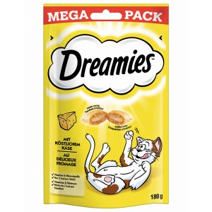 Dreamies Käse Katzensnack, 180g Packung mit knusprigen Leckerlis und Käsegeschmack.