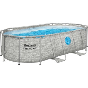 Bestway Frame Pool mit Steinwand-Optik, oval, 427x250x100 cm, inklusive Filterpumpe und Leiter.