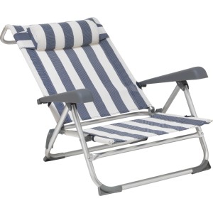 Verstellbarer Campingstuhl Mocoa, weiß-blau gestreift, mit Kopfpolster und Aluminiumgestell.