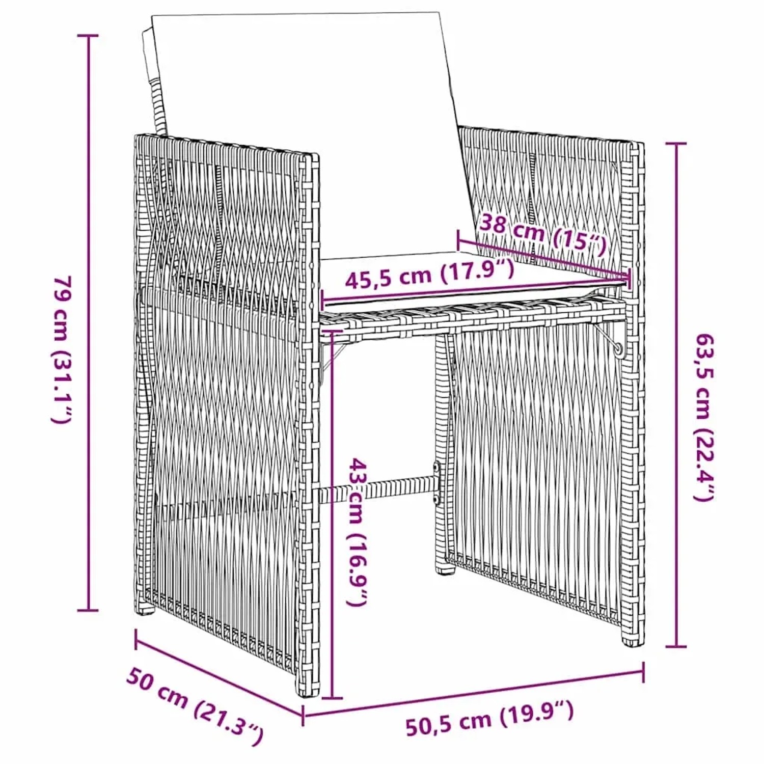 Abbildung eines Gartenstuhls der vidaXL Garten Essgruppe aus beigem Polyrattan mit Maßangaben.