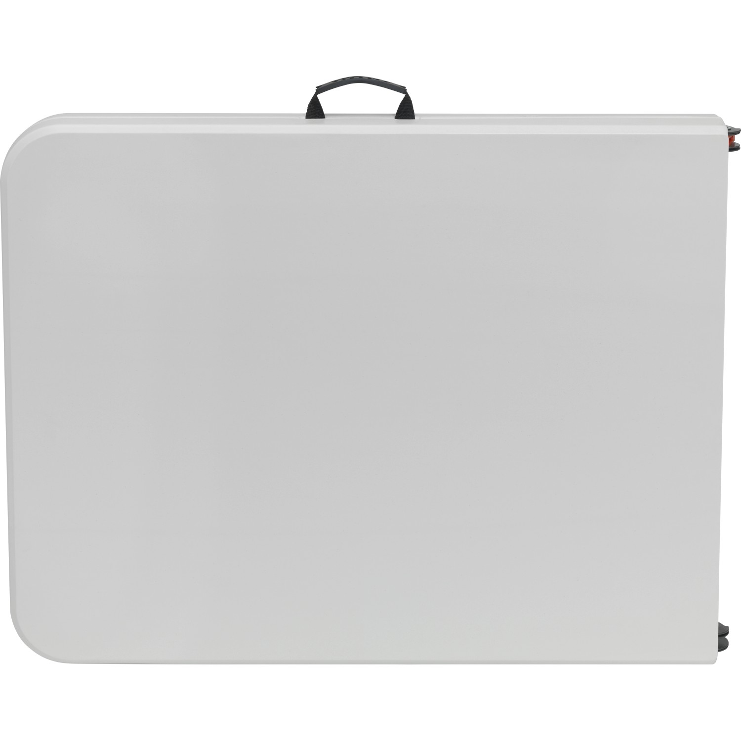 Zusammengeklappte, weiße Bierzeltgarnitur Taloga aus Kunststoff mit Tragegriff.