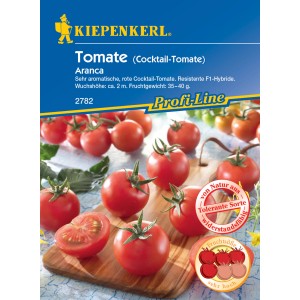 Kiepenkerl Cocktail-Tomate Aranca, rote, runde Früchte auf Holzbrett.