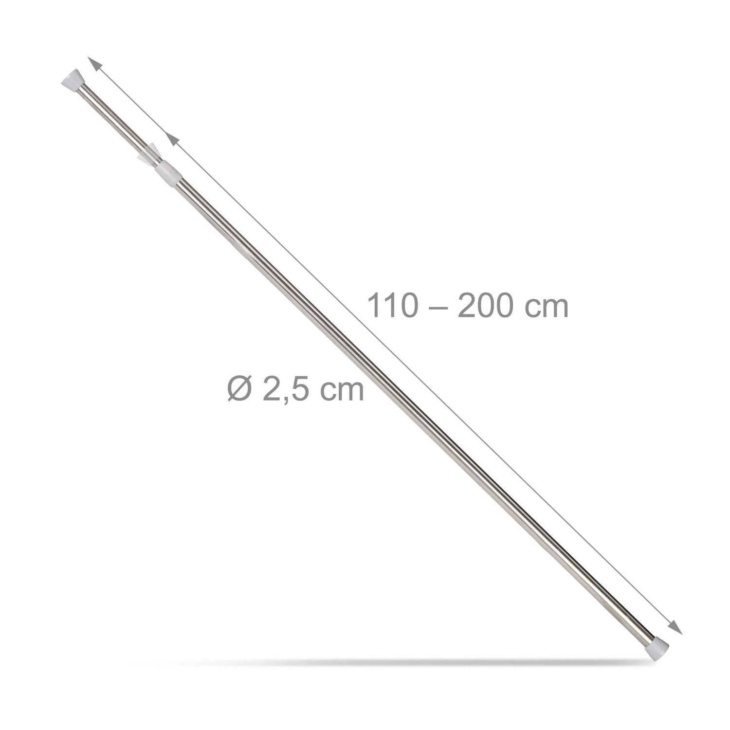Silberne Teleskopstange aus Edelstahl, 110-200 cm verstellbar, mit rutschfesten Endkappen. Ideal als Dusch- oder Gardinenstange.