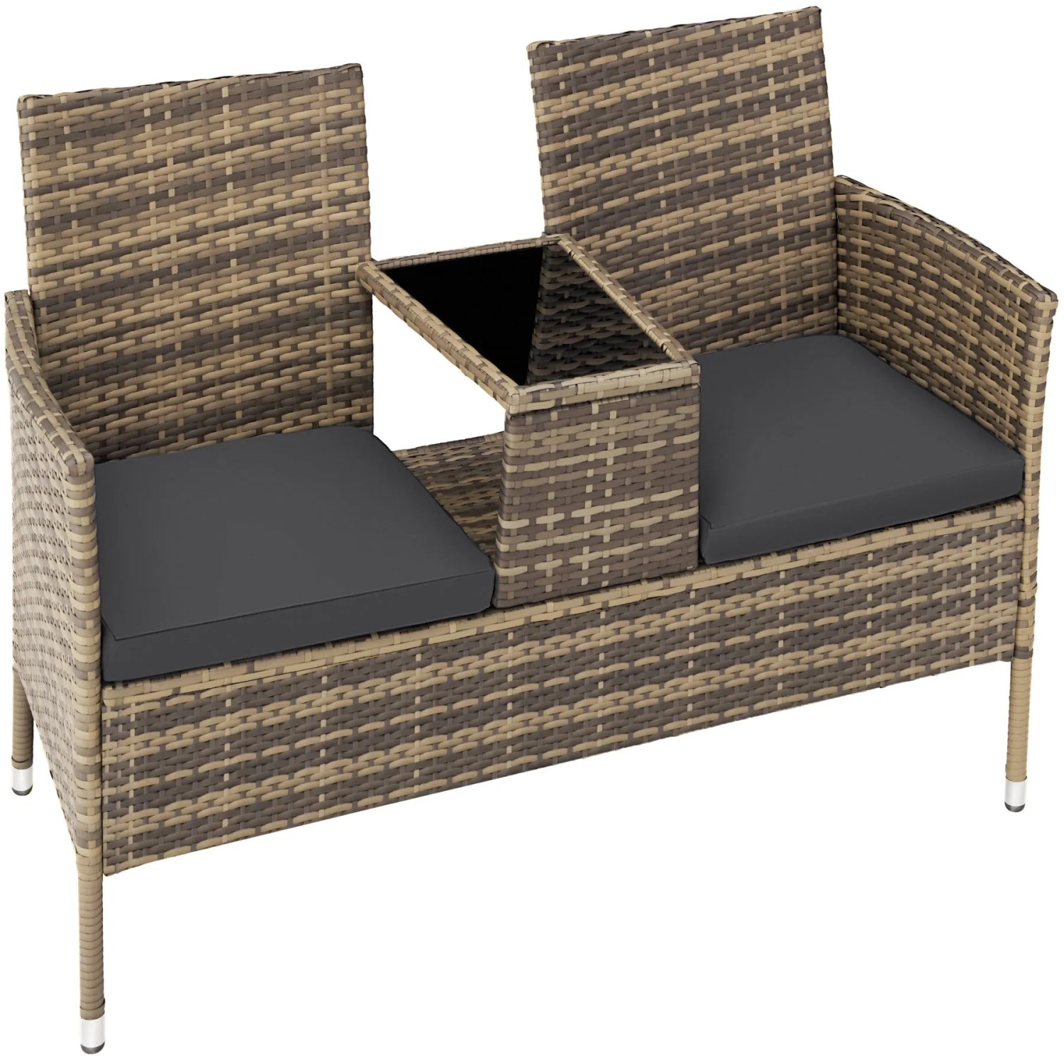 Tectake Rattan Gartensitzbank Narbonne 2 Sitzer  133 x 63 x 84 cm Wetterfest  131 x 61 x 82 cm Natur Dunkelgrau