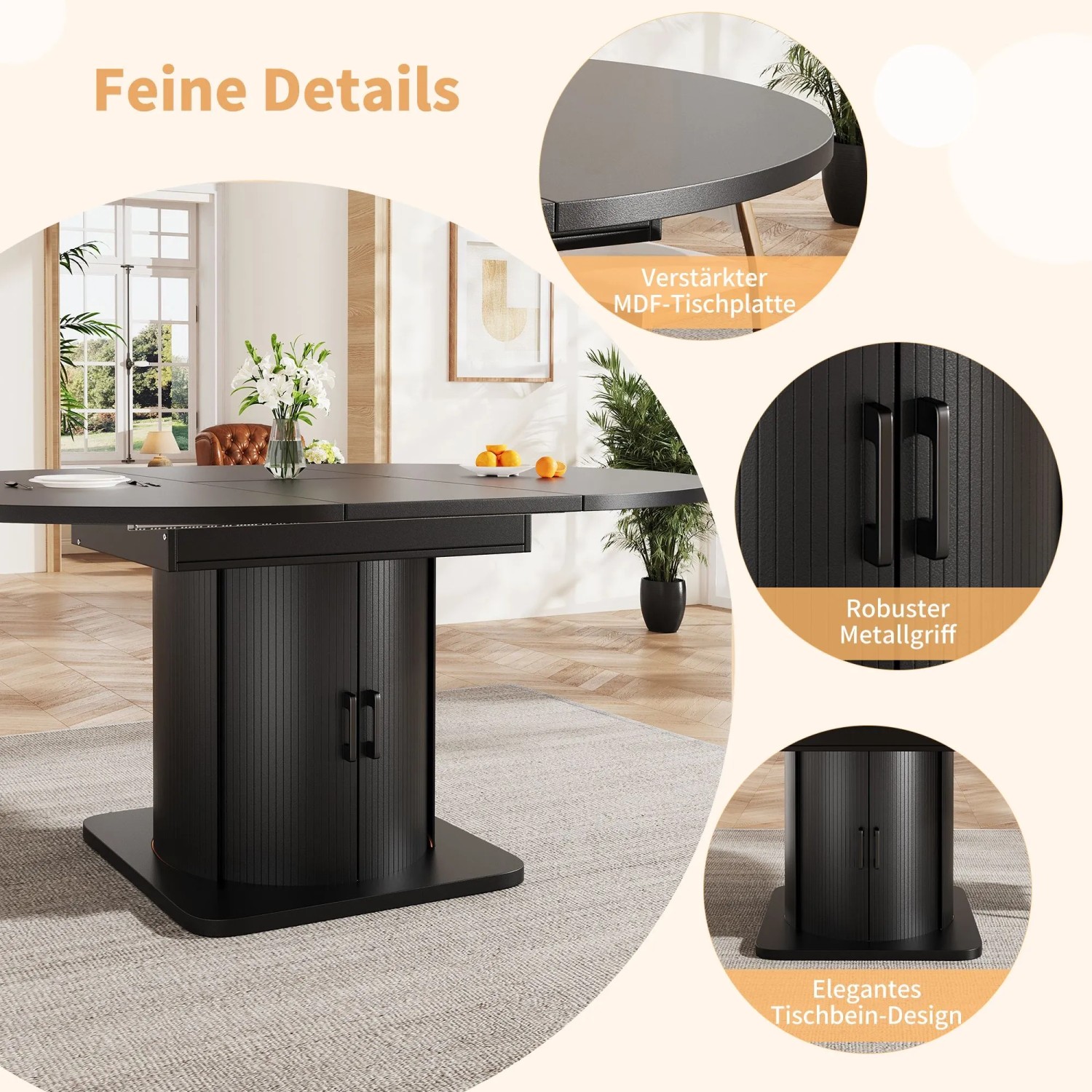 Schwarzer ausziehbarer Esstisch mit verstärkter MDF-Platte, robustem Metallgriff und Stauraum im eleganten Fuß. Modernes Design für Essgruppen.