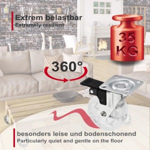 SOTECH Lenkrolle RAPID Ø75mm transparent mit Bremse, belastbar bis 35kg. Möbelrolle für flexible Mobilität.