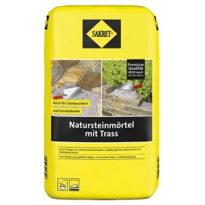 Gelber Sack Sakret Natursteinmörtel mit Trass, 10 kg. Trockenmörtel für Natursteine, reduziert Ausblühungen.