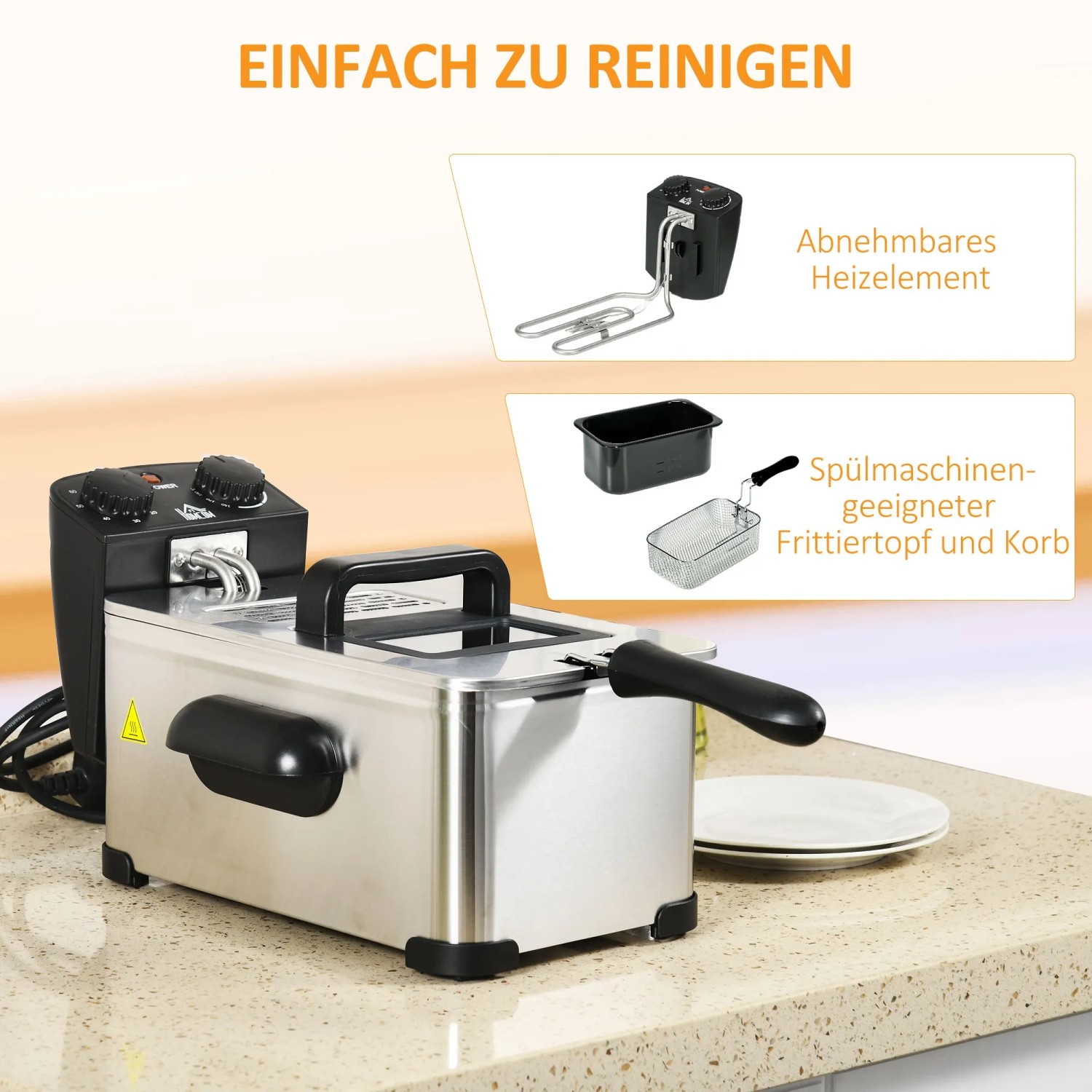 HOMCOM Fritteuse aus Edelstahl, 3L Ölkapazität, mit Korb, Timer und abnehmbarem Heizelement.
