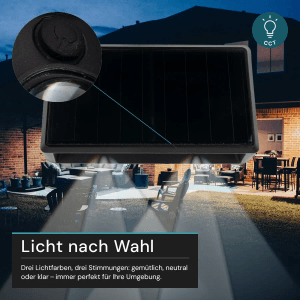 Schwarze LUXULA Solar Wandleuchte mit 2 LED-Strahlern und Solarpanel für Gartenbeleuchtung.