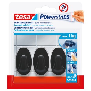 Tesa Powerstrips Klebehaken S Oval, 3er-Pack, schwarz, für spurloses Aufhängen bis 1 kg.