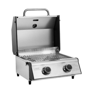 Kompakter Taino Platinum Gasgrill aus Edelstahl mit 2 Brennern, offenem Deckel und Grillrost für Camping & Balkon.