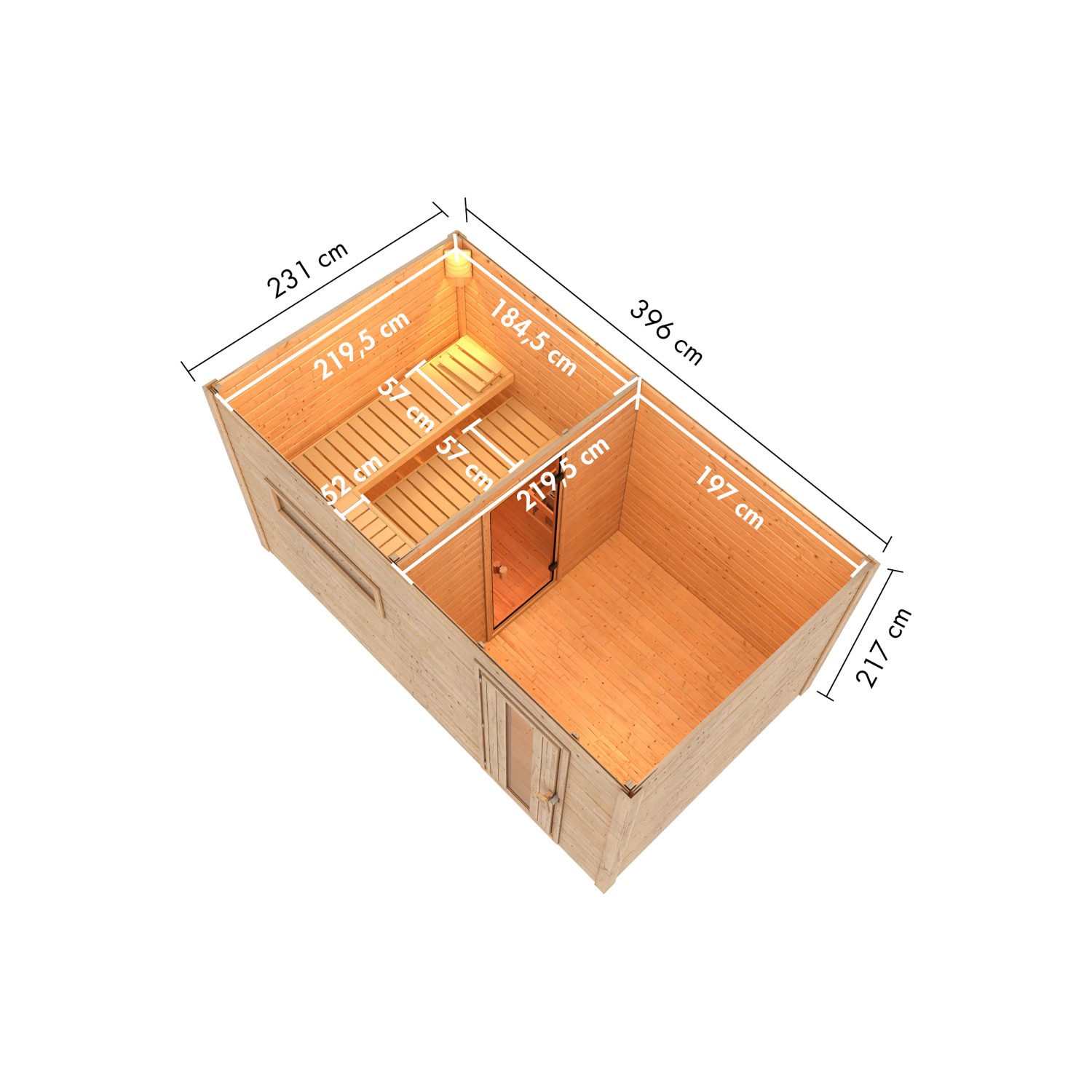 Karibu Saunahaus Arvi 6 mit Iso-Tür Naturbelassen mit Ofen 9 kW Integr. Strg._4