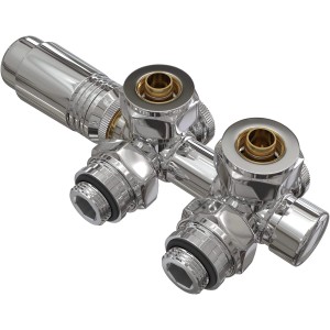 Emke Heizkörper Multiblock Ventil mit Thermostat, Chrom-Finish. Anschlussgarnitur für Heizungs-Installation.