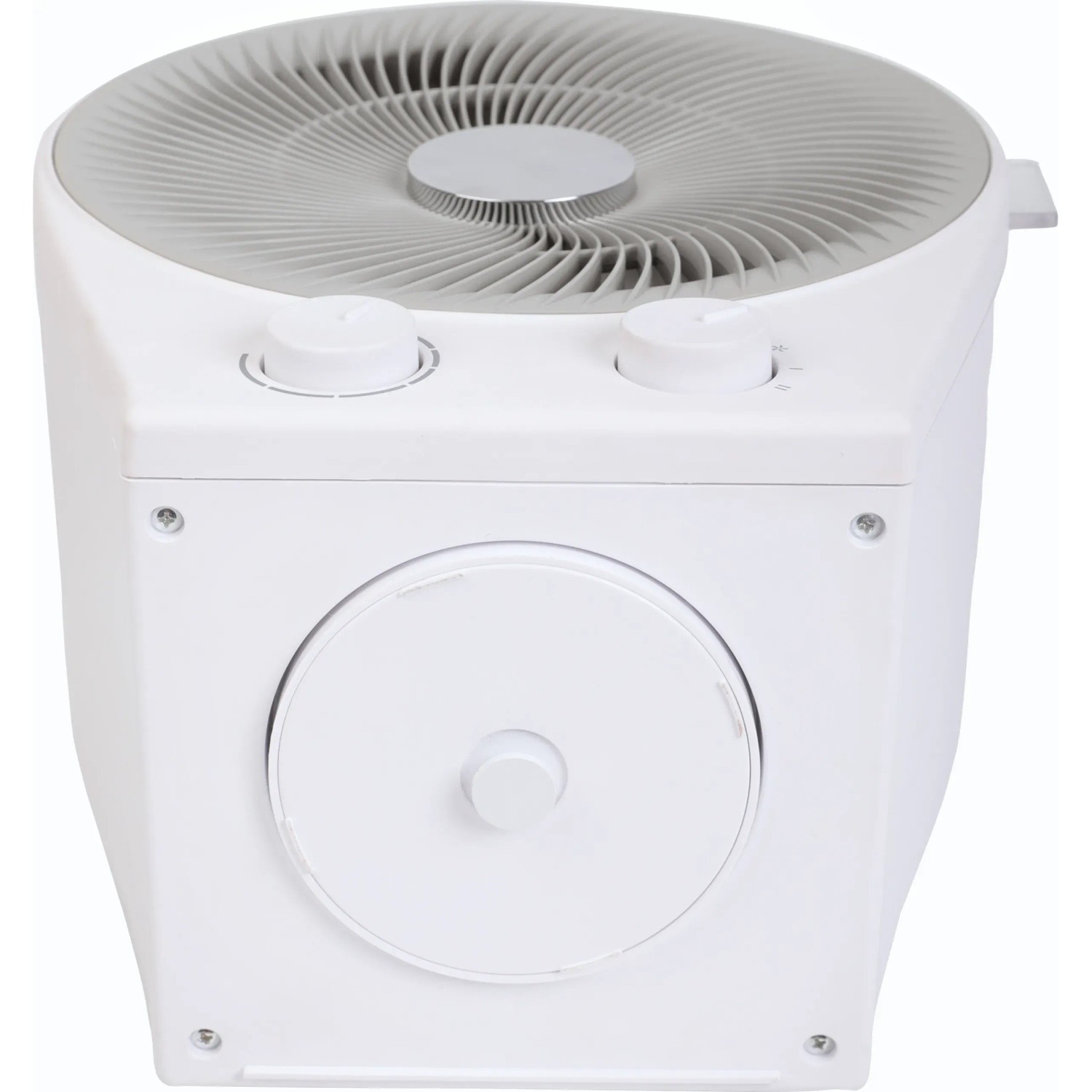 Weißer 2in1 Heizlüfter und Ventilator für Innenräume mit Drehreglern.