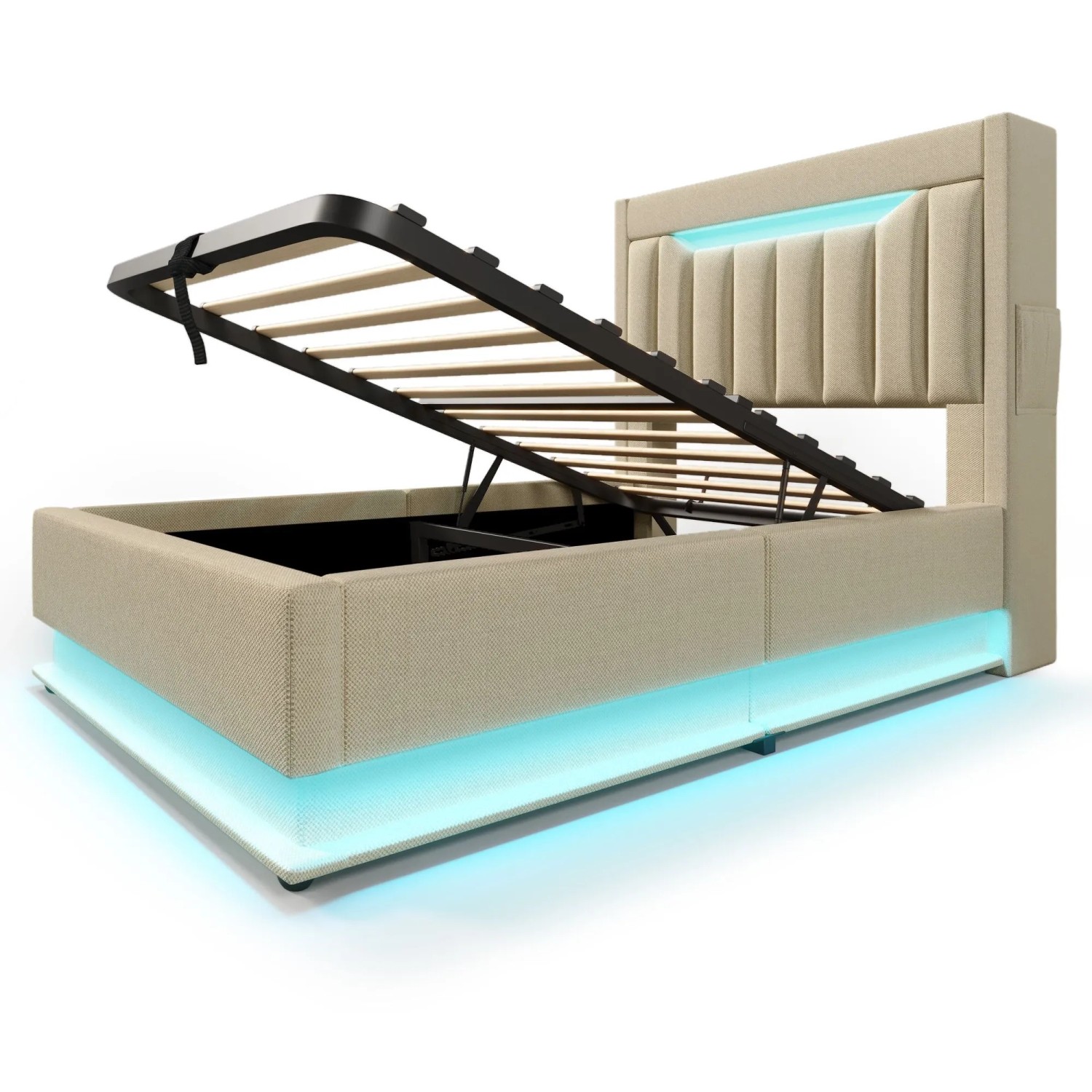 Merax Polsterbett 90x200cm LED USB-C Hydraulik Beige