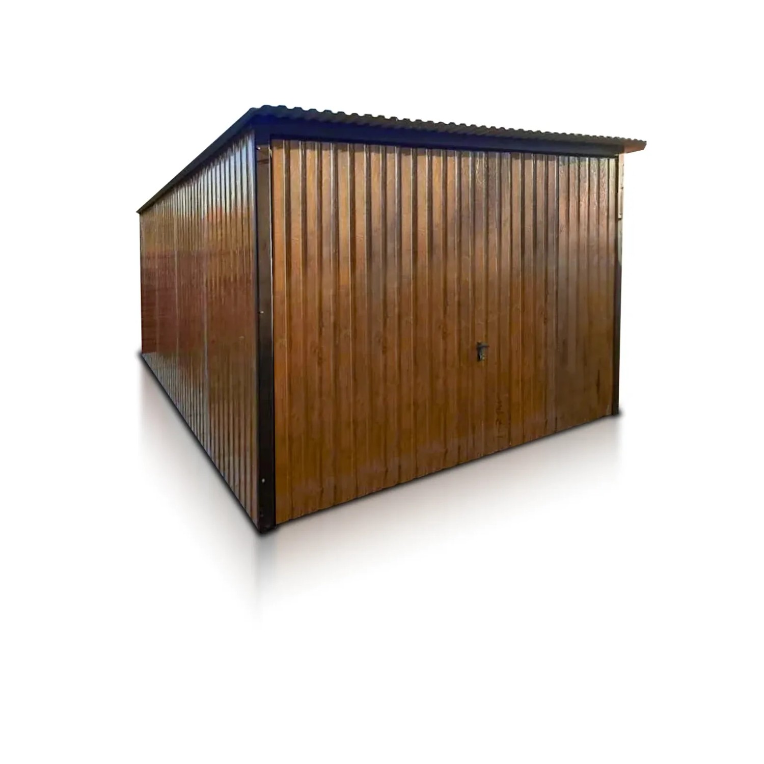Liderstal Gerätehaus Standard aus Blech 300 x 500 cm Pultdach Vertikalprofil Holzoptik Goldene Eiche