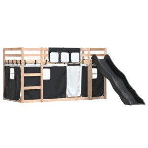 vidaXL Etagenbett mit Rutsche und Vorhängen in Weiß und Schwarz. Abenteuerbett aus Kiefernholz.