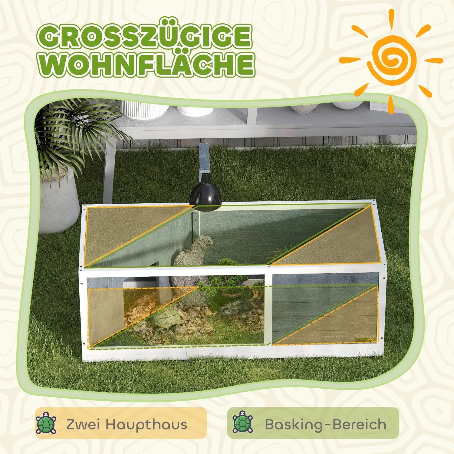 PawHut Schildkrötenhaus aus Tannenholz, grau, mit transparentem Bereich und zwei Haupthäusern.