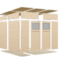 Elementgartenhaus Alster 4 Plus XL aus Holz, naturbelassen, mit Unterstand und Doppeltür.
