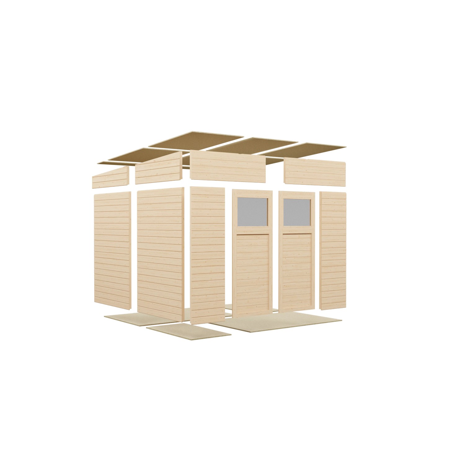 Elementgartenhaus Alster 4 Plus XL aus Holz, naturbelassen, mit Unterstand und Doppeltür.