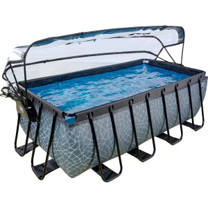 Grauer EXIT Stone Pool 400x200x122 cm mit Abdeckung, Sandfilterpumpe und Wärmepumpe.