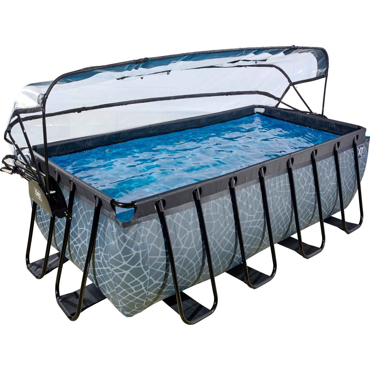 Grauer EXIT Stone Pool 400x200x122 cm mit Abdeckung, Sandfilterpumpe und Wärmepumpe.