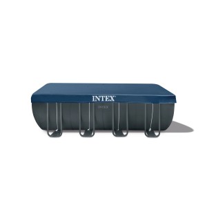 Intex Frame Pool Ultra Quadra XTR, 549x274x132 cm, mit dunkelgrauer Abdeckung und Stahlrahmen.