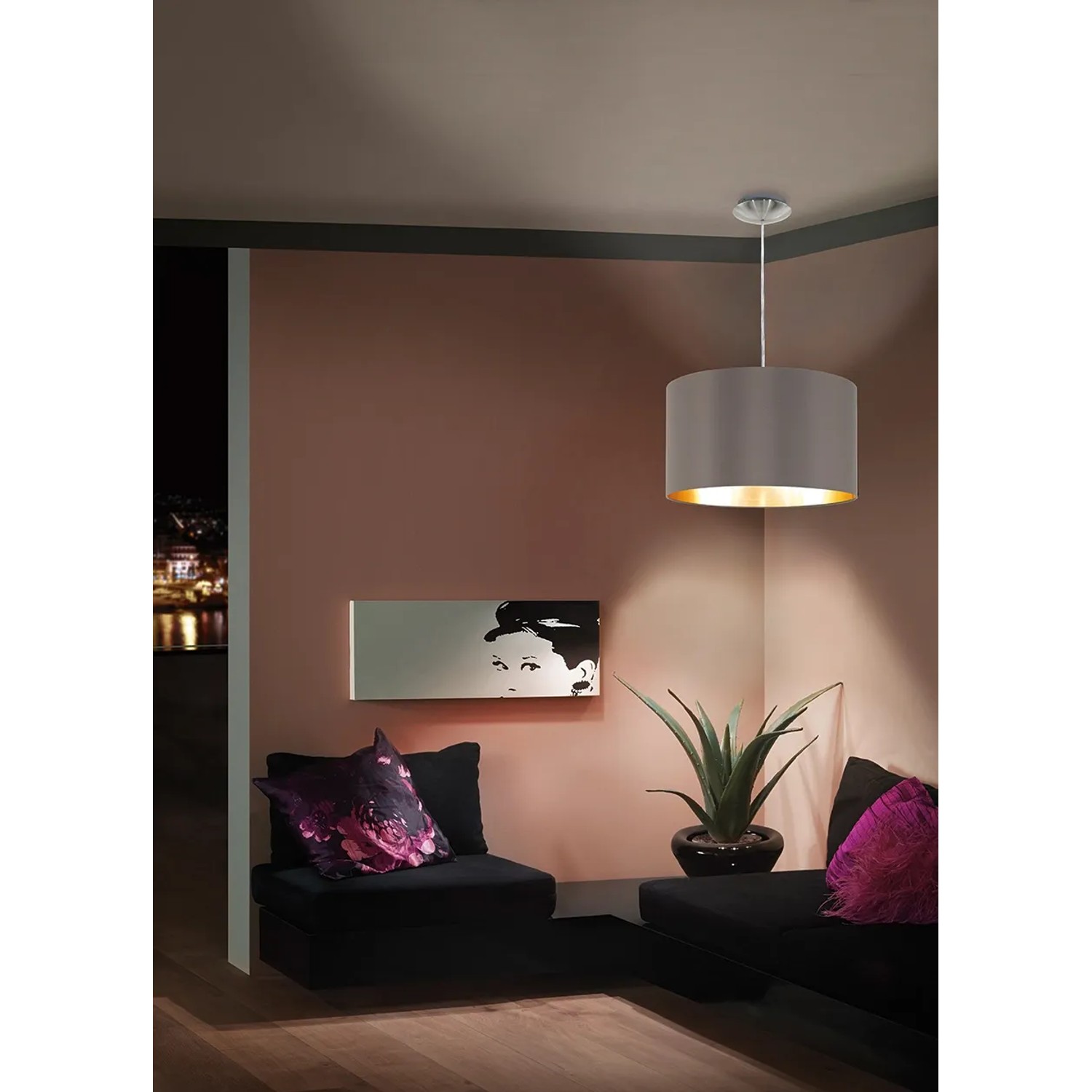 Eglo Pendelleuchte Maserlo, Cappuccino Stoffschirm, Nickel matt, für Wohnraum.
