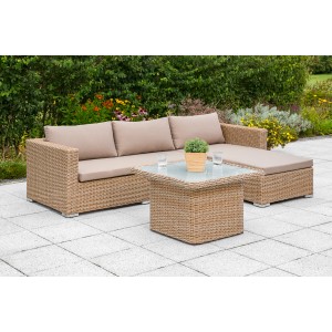 2-tlg. Garten Eckbank-Gruppe Veneto in Natur mit Polyrattan-Optik und Glas-Tischplatte.
