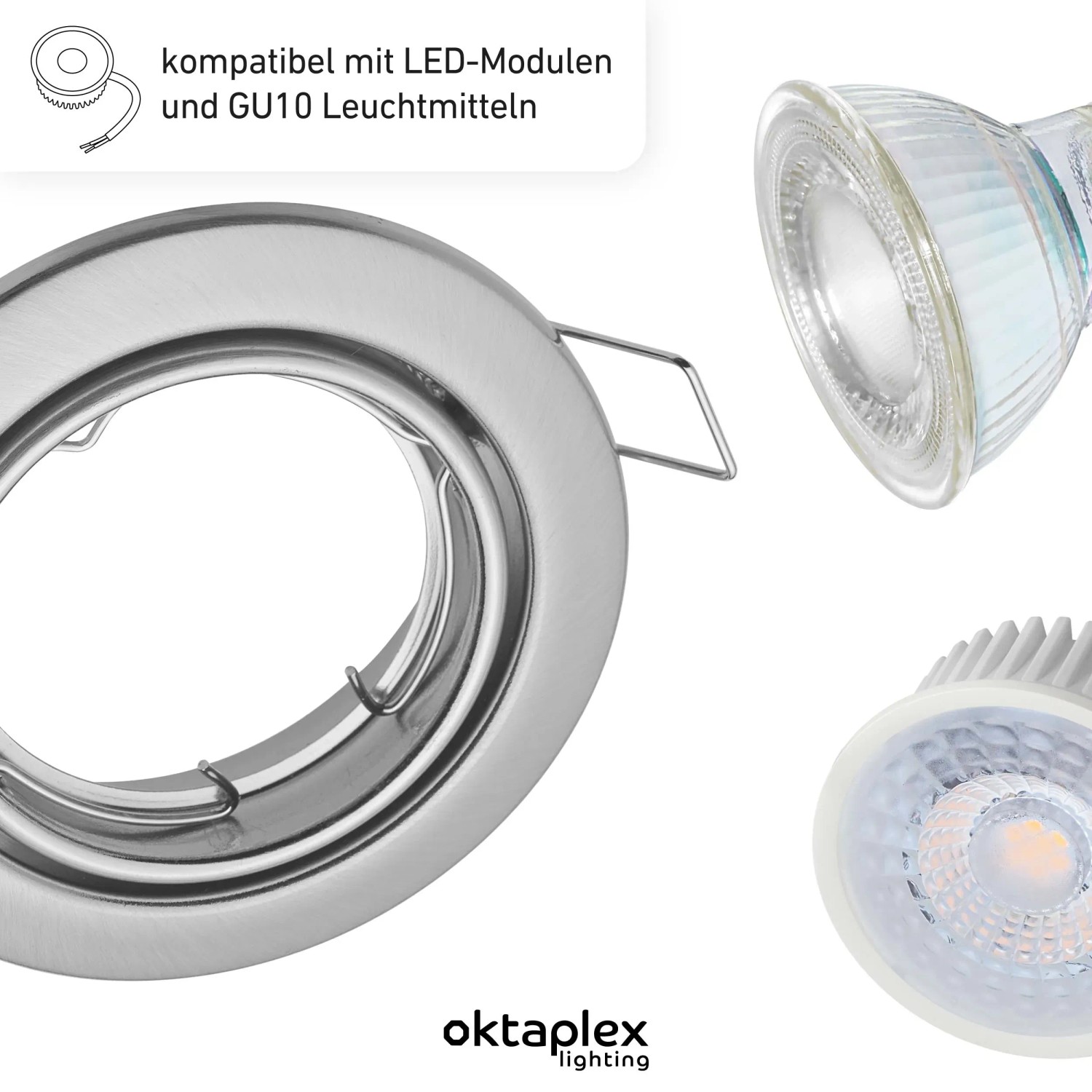Oktaplex Dijon Einbaurahmen 12er Set, schwenkbar, für LED-Module/GU10, Edelstahl gebürstet.