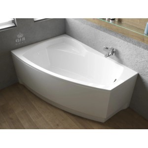 Weiße Acryl Eckbadewanne FRIDA 140x90 mit linkem Ablauf und Füßen, modern im Badezimmer.