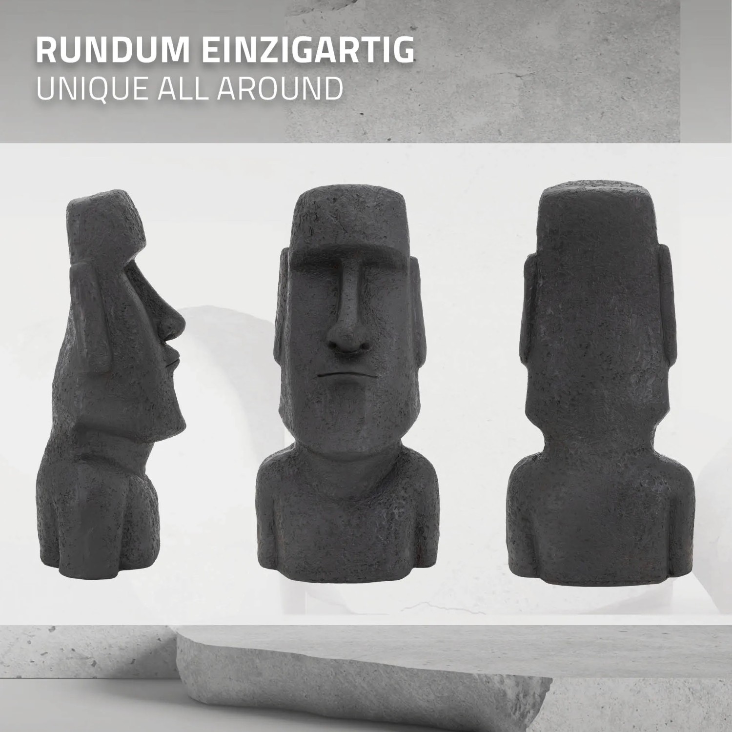 Anthrazitfarbene Moai Figur Rapa Nui (78cm) aus Steinguss für Garten & Deko.
