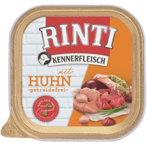 Rinti Kennerfleisch mit Huhn, 300g Schale Hunde-Nassfutter mit 65% Fleischanteil.