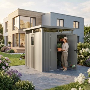 Modernes, graues osoltus Metall Gerätehaus Luma mit Fenster und offener Doppeltür. Frau verstaut Gartenartikel.