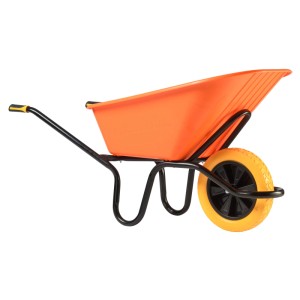 Orangefarbene Haemmerlin Schubkarre Crusader 120 l mit PU-Rad und schwarzem Stahlgestell.