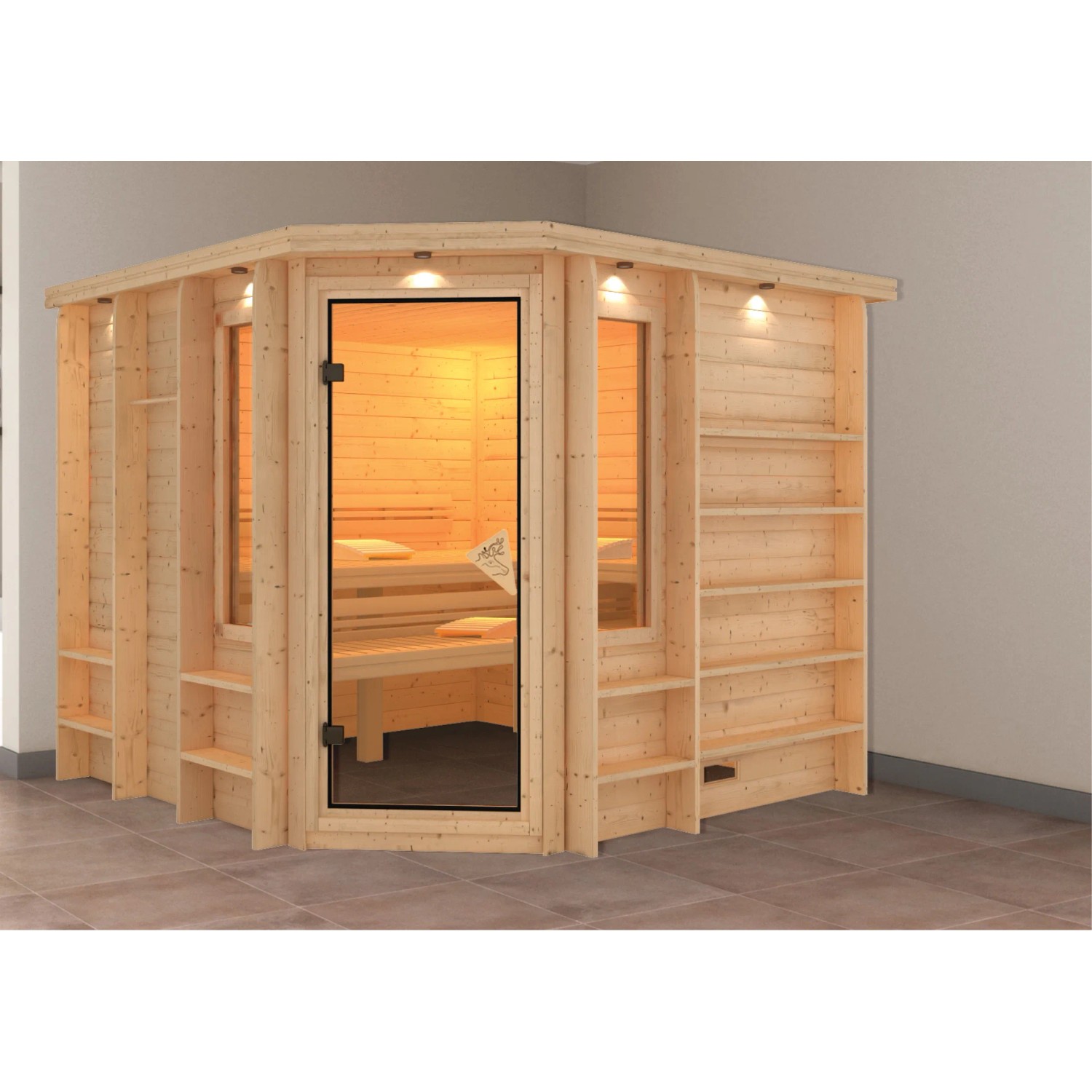Karibu Premium Sauna Martha mit Eckeinstieg, LED-Dachkranz