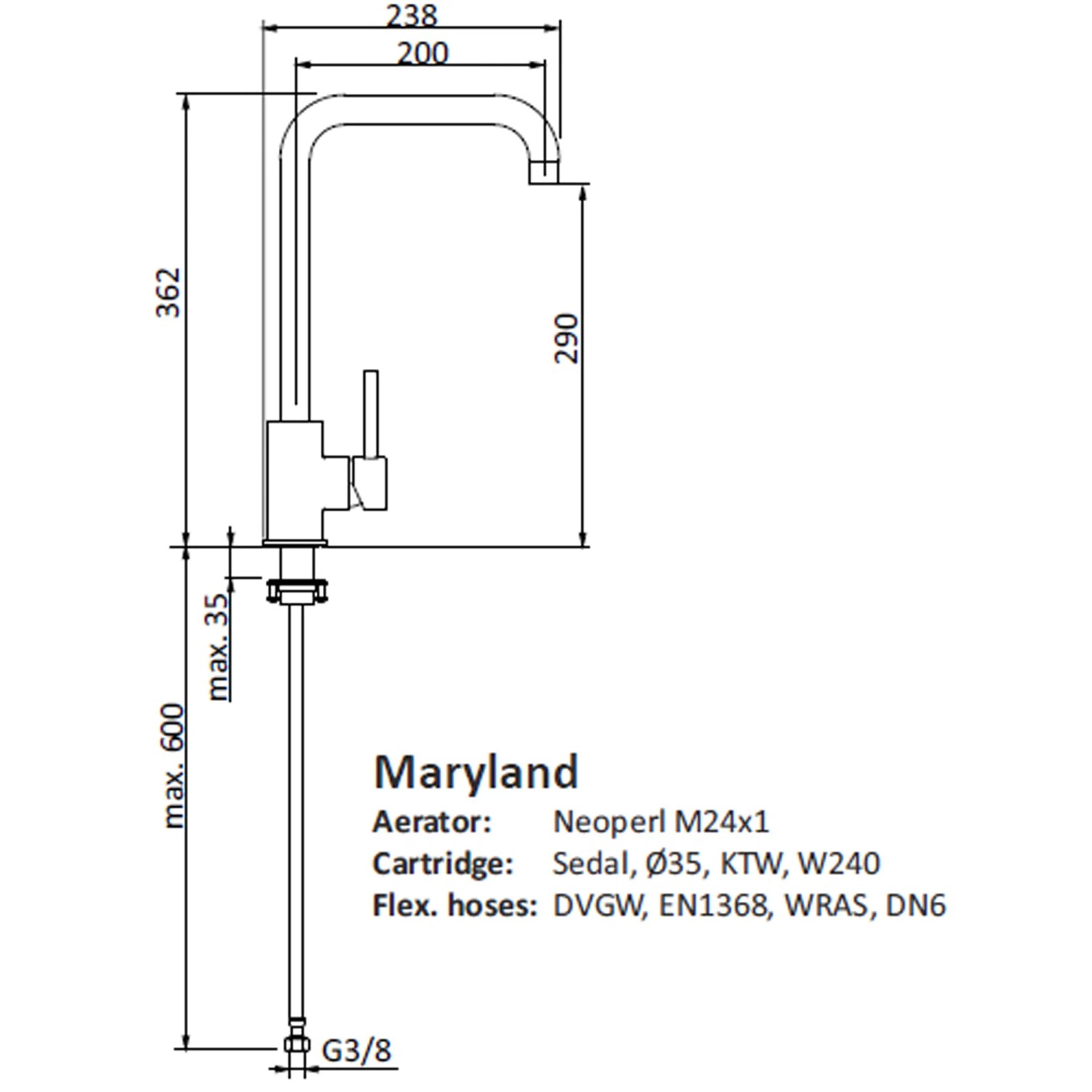 Technische Zeichnung: Sanicomfort Küchenarmatur Maryland, Einhebelmischer mit Schwenkarm, Maße und Anschlüsse.