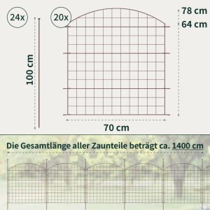 VERDOBA Teichzaun Gartenzaun Hundezaun Metall Gitterzaun aus Zaunelementen 20x Oberbogen Braun
