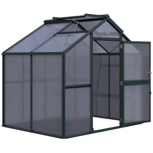 KGT Gewächshaus Novum II, tannengrün, 5,68 m² mit geöffneter Tür und Dachfenster.