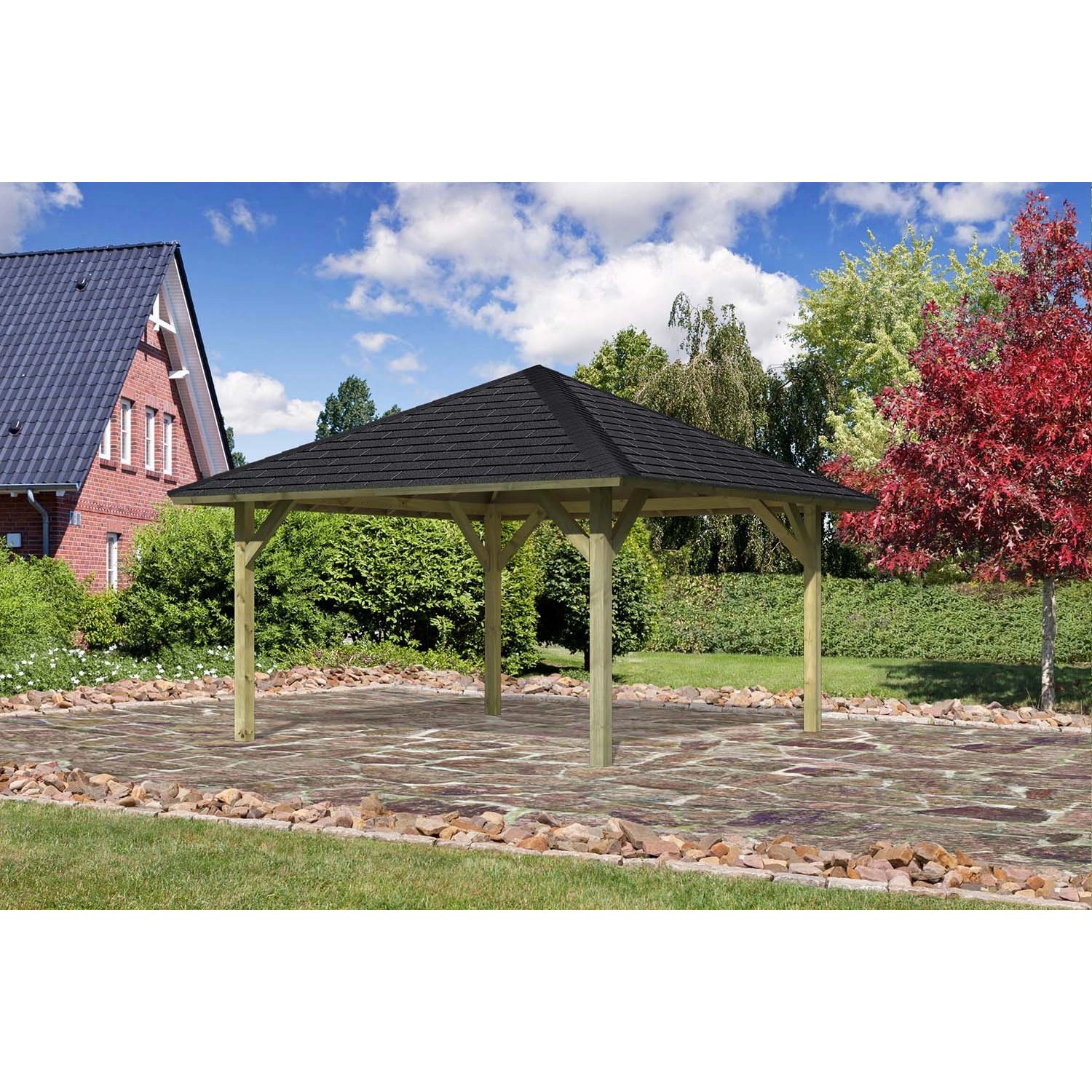 Karibu Pavillon Hedemark 1 Set kdi mit Schindeln Schwarz 359 cm x 359 cm x315 cm