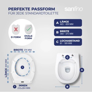Sanfino WC-Sitz O-Comfort: Maße und Passform für Standard-WCs, Absenkautomatik.