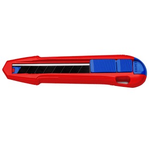 Knipex CutiX Universalmesser, roter Metallkorpus mit blauer Klingenführung und Abbrechklingen.
