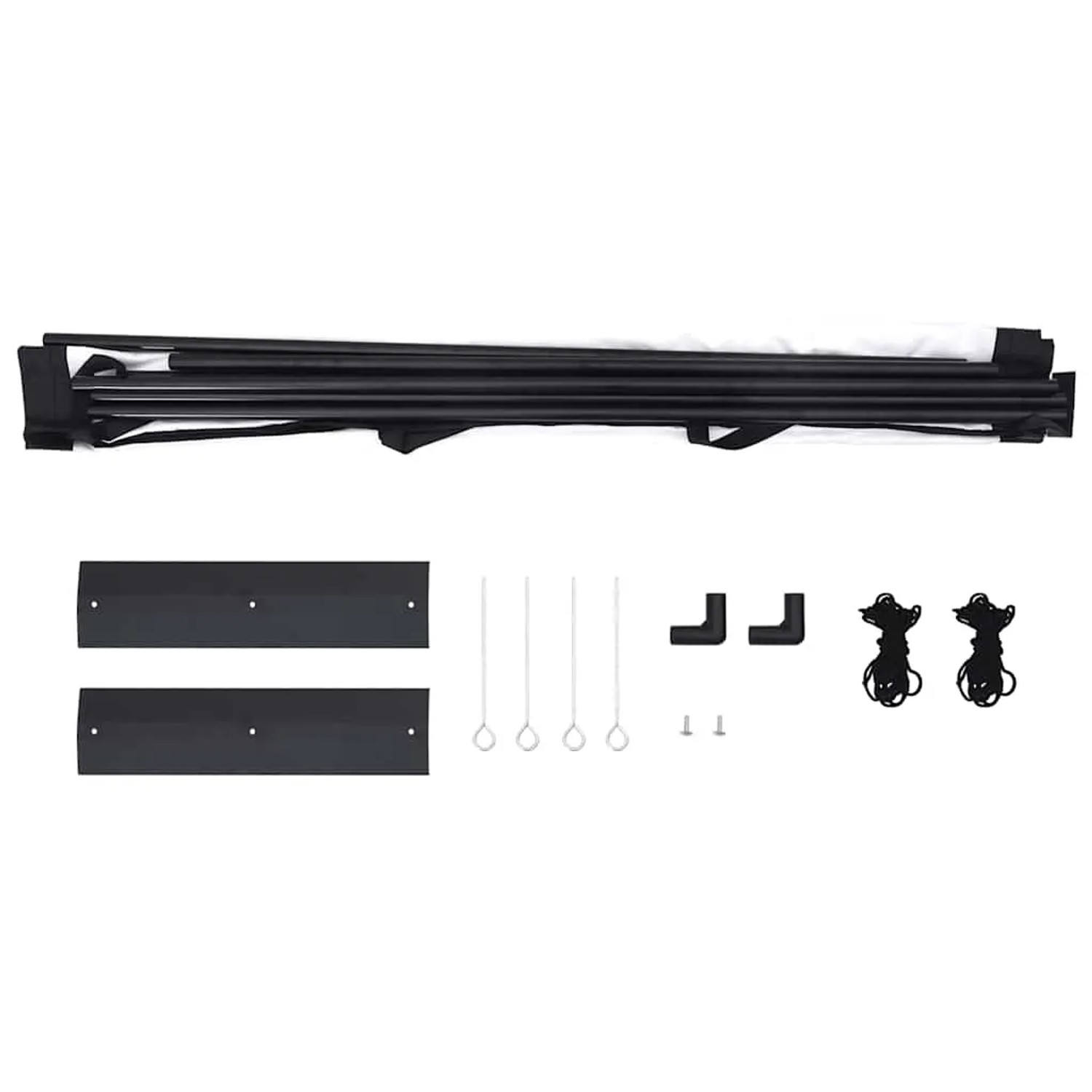 vidaXL Projektionsleinwand-Set 84 Zoll 16:9. Einzelteile: mattweiße Leinwand, schwarze Ständer, Erdnägel, Seile.