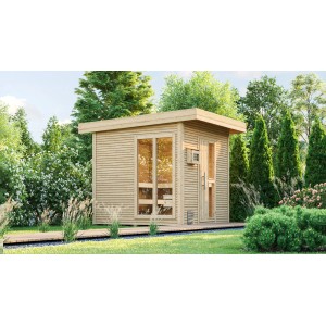 Weka Design Saunahaus Kuopio 1 aus naturbelassenem Holz mit Fenster und Tür im Garten.