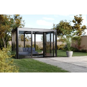 SunElements Gartenhaus SunGarden Infinity 3.2, anthrazit-metallic, 7,8 m² mit geöffneten Türen.