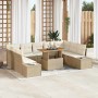 Beiges 10-tlg. vidaXL Garten-Sofa-Set aus Poly Rattan mit Tisch und Stauraum.
